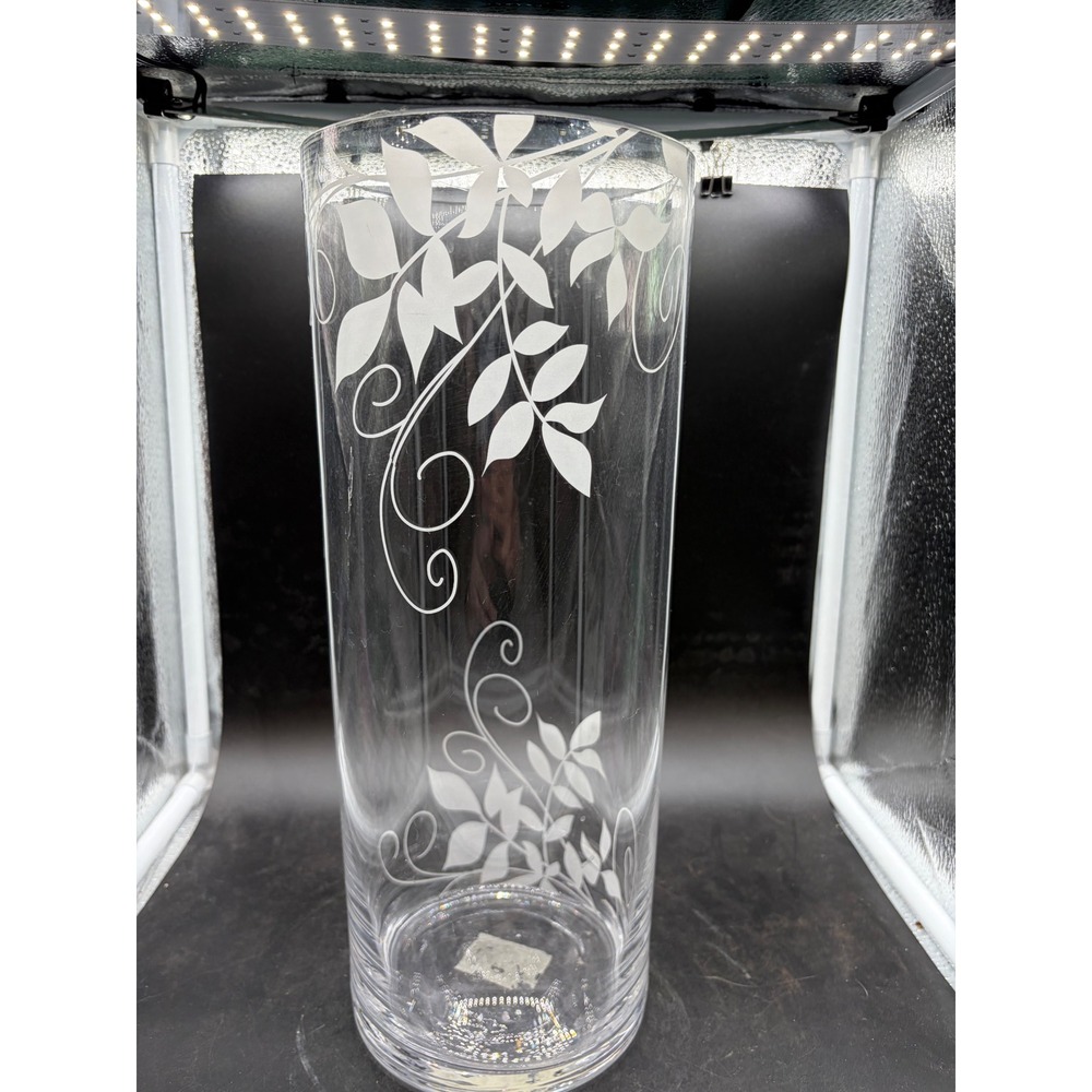 Tall Clear Glass Cylinder Vase with White Etched Floral Vine Design Decor